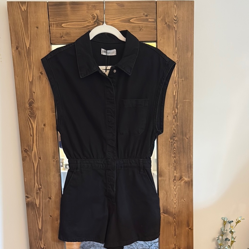 NWT Zara Black Sleeveless denim Button Up Romper